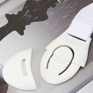 Baby safety lock for drawers and cabinets, adjustable white strap child proofing latch.