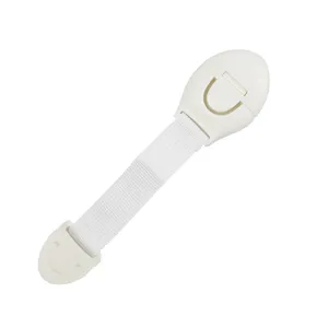 Baby safety lock for child drawers, adjustable white fabric strap cabinet lock protector.