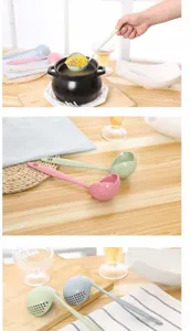 Detailed view of the wheat straw 2-in-1 soup spoon and colander showcasing practical home kitchen use.