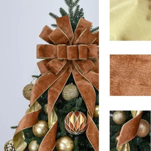 Extra large Christmas tree bow decoration, brown velvet ribbon with gold edge for holiday party top.