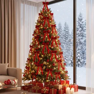 Set di decorazioni per albero di Natale con fiocchi in velluto rosso e catene di perle.