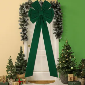 Giant green velvet Christmas bow with long tails for front door, holiday outdoor decor 1pc