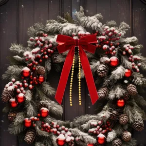 Ghirlanda di Natale con fiocco in velluto e catena di perle dorate per decorare la porta.