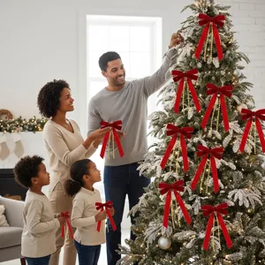 Decorazione fiocco velluto rosso albero natale con catena perle oro dettaglio scena.