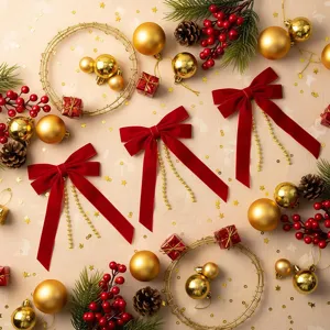 Fiocco di Natale in velluto rosso con ciondolo catena di perle dorate, decoro albero.