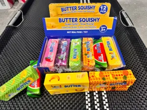 Fruit butter squishy slow rising stress relief toy set with colorful display box.