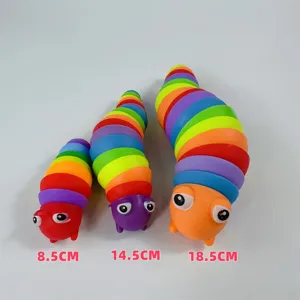 Rainbow articulated sensory fidget slug toy detail, flexible caterpillar design in multiple sizes.