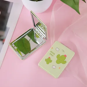 Specchio per trucco pieghevole a doppio lato portatile con motivo cactus, custodia in pelle PU.
