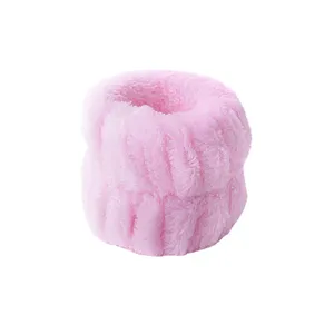 Pink fluffy face washing wristbands absorbent spa wrist cuffs for washing face and sports.