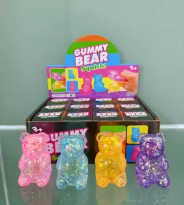 Gummy bear squish toy details, TPR glitter transparent material, stress relief toy wholesale.