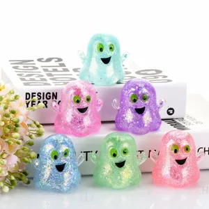 Detailed view of cute glitter ghost squishy toys set, slow rebound Halloween stress relief items.