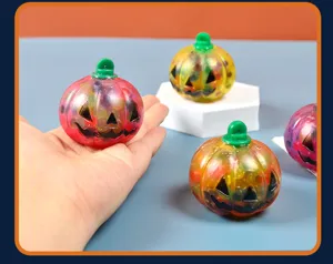 Halloween pumpkin squeeze toy detail showing transparent design filled with colorful sensory beads.