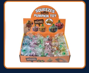 Halloween pumpkin squeeze toy detail showing soft bead-filled stress relief toy design in box.