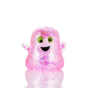 Pink glitter ghost squishy toy close-up detail showcasing sparkling texture and cute smiling face.