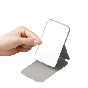 Grey folding pocket makeup mirror with PU leather stand, portable desktop cosmetic mirror