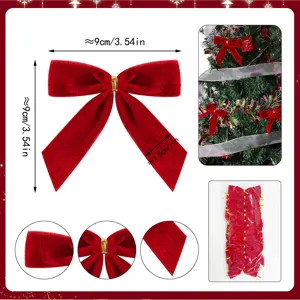 Rote Samt Weihnachtsschleife Detailansicht mit weicher Textur, goldenem Knoten und Maßen.