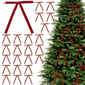 Red velvet Christmas tree bow decorations, hanging ribbon ornaments for holiday festive party decor.