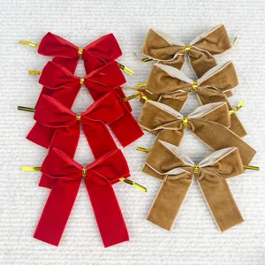 Velvet Christmas bow decoration details, elegant holiday hanging ornament for tree and gift.
