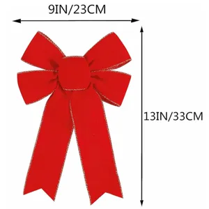 Red velvet Christmas bow decoration with gold trim, 9x13 inch holiday tree hanging ornament.