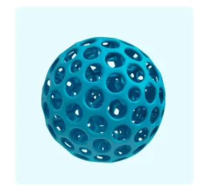 Blue 3D printed hollow stress relief ball, flexible grip ball toy with unique mesh design.