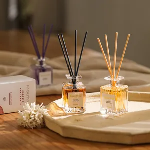 Glass reed diffuser set for home fragrance, long lasting scent with natural sticks.