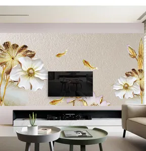 Elegantes chinesisches 3D-Wandbild mit weißen Magnolien und goldenen Koi-Fischen für Wohnzimmer