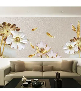Detailansicht einer 3D-Blumenwandtapete im chinesischen Stil für das moderne Wohnzimmer