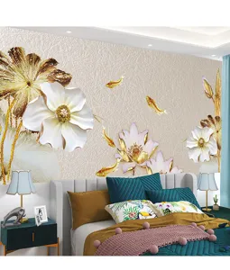 3D Wandbild im chinesischen Stil mit Blumen und goldenen Koi-Fischen im Schlafzimmer