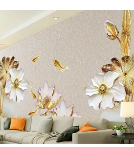 Detailliertes 3D-Präge-Blumenwandbild mit goldenen Koi-Fischen für Wohnzimmerwände