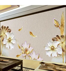 Detailansicht chinesisches 3D-Wandbild mit Lotusblüten und goldenen Koi-Fischen Motiven