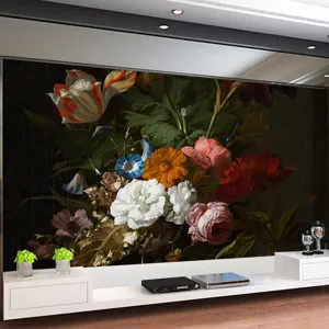 Sticker Mural Floral Rétro Européen Style Peinture à l'Huile Grand Papier Peint en PVC Autocollant pour Salon Canapé Fond Décoration de Salle à Manger