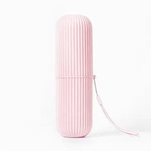 Custodia per spazzolino rosa portatile da viaggio, design a coste con comodo laccetto.