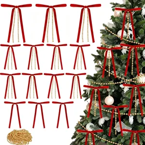 Rimedi Sospesi Per Albero Di Natale Con Fiocco In Velluto E Catena Di Perle D'Oro Ornamenti Per Feste Forniture Decorative