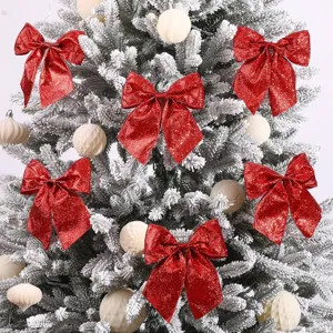 Rode glitter strikken voor kerstboom decoratie, sprankelende hangende ornamenten feestdagen