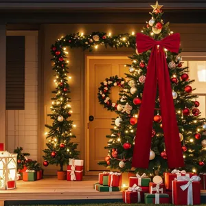 Large red velvet Christmas tree bow with long streamers, festive holiday decor detail shot.