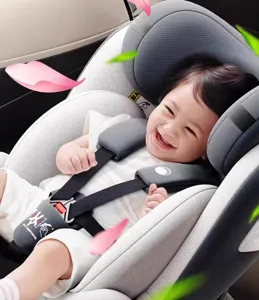 Silla de coche para bebé con arnés de 5 puntos y reposacabezas cómodo para viajes.