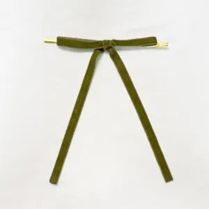 Olive green velvet bow detail, elegant festive hanging ornament with metallic gold tips.