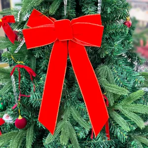 Red velvet Christmas bow ornament for tree hanging, double layer festive party decor.