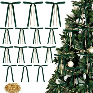 Fiocchi di Natale in velluto verde con catene di perle dorate, 48pz decorazioni per albero.
