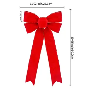 Christmas red velvet bow decoration with gold trim, large size holiday hanging ornament.