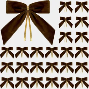 24pcs brown velvet Christmas bows with gold ribbons for holiday tree and wreath decoration pack