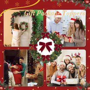 Dettaglio fiocchi in velluto natalizi, confezioni regalo festive e decorazioni ghirlanda.