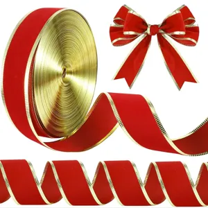 Christmas Velvet Ribbon With Gold Wire Edge Red Fabric Ribbon For Gift Wrapping Holiday Party Home Decor Crafting