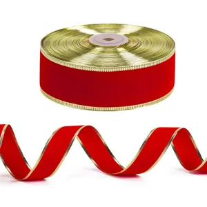 Red velvet wired ribbon with gold edges for Christmas gift wrapping, crafts and decor.