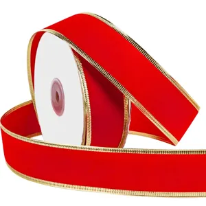 Red wired velvet ribbon detail, perfect for Christmas gift wrapping and bow making crafts.