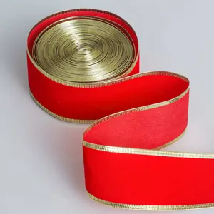 Christmas red velvet ribbon with gold wire edge for gift wrapping and holiday decoration details.