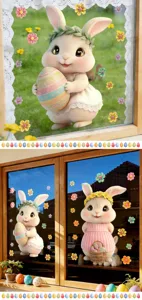 Osterhasen Fensteraufkleber mit bunten Eiern und Blumen für die Frühlingsdekoration