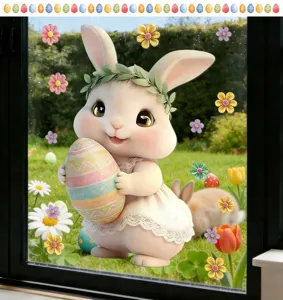 Niedlicher Osterhase mit buntem Ei Fensterbild und dekorativen Blumenaufklebern für Frühling