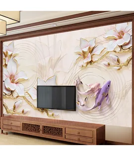Large 3D floral wall mural featuring magnolia flowers and koi fish for living room TV backdrop decor