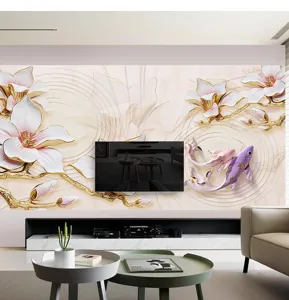 Modern lifestyle living room scene featuring 3D relief floral and fish mural wallpaper decoration